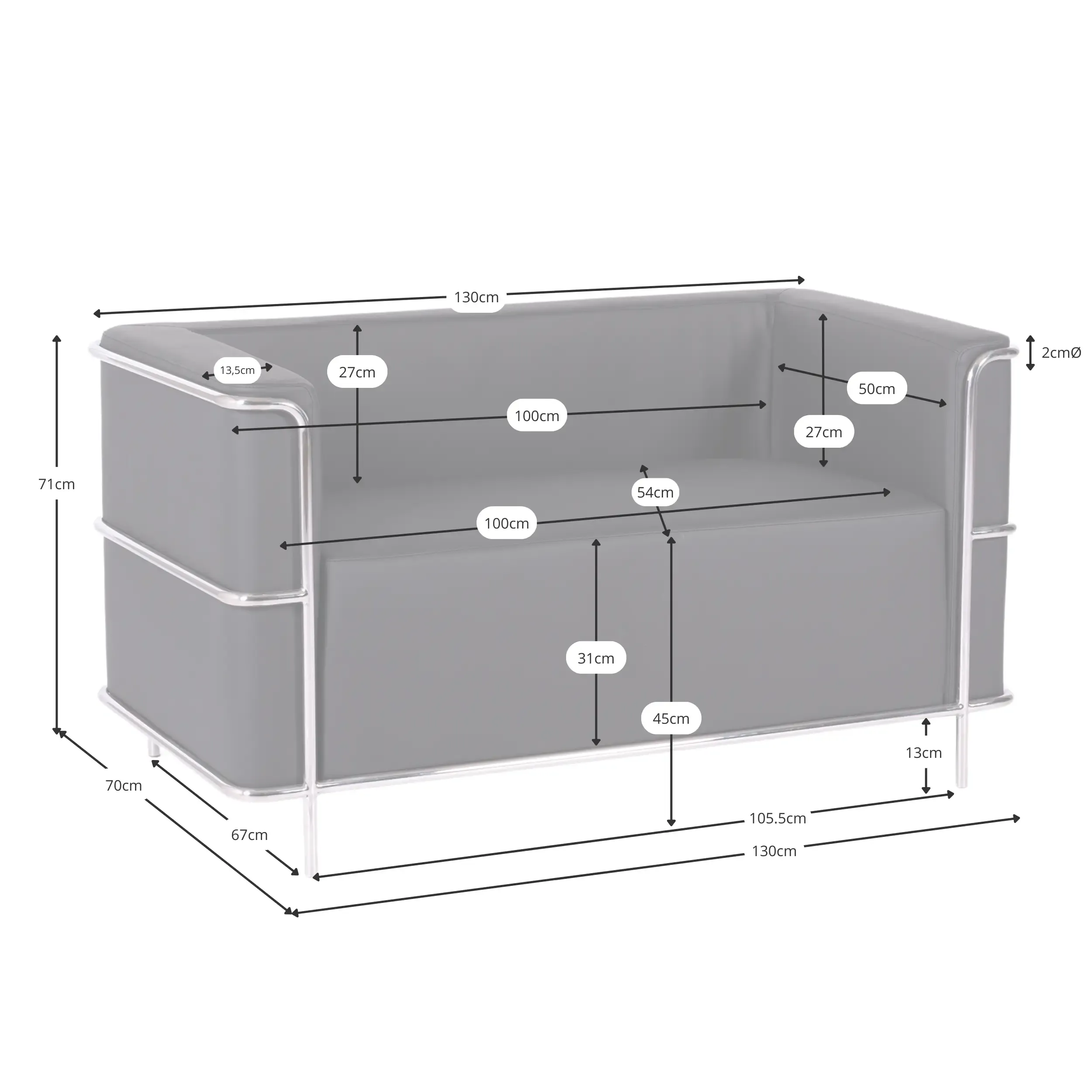 2-Sitzer-Sofa Torino aus Ökoleder und verchromtem Stahl 🛋️ - Mobelarium