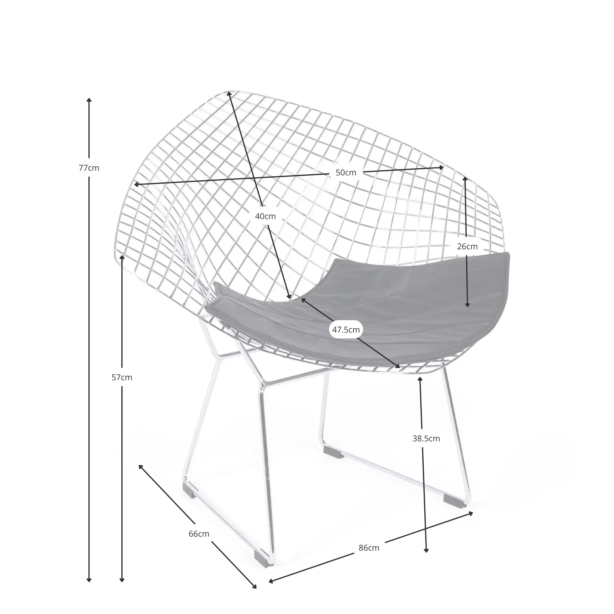 Replica Diamond-tuoli kromattua terästä ja keinonahkainen pehmuste - Bertoia Collection