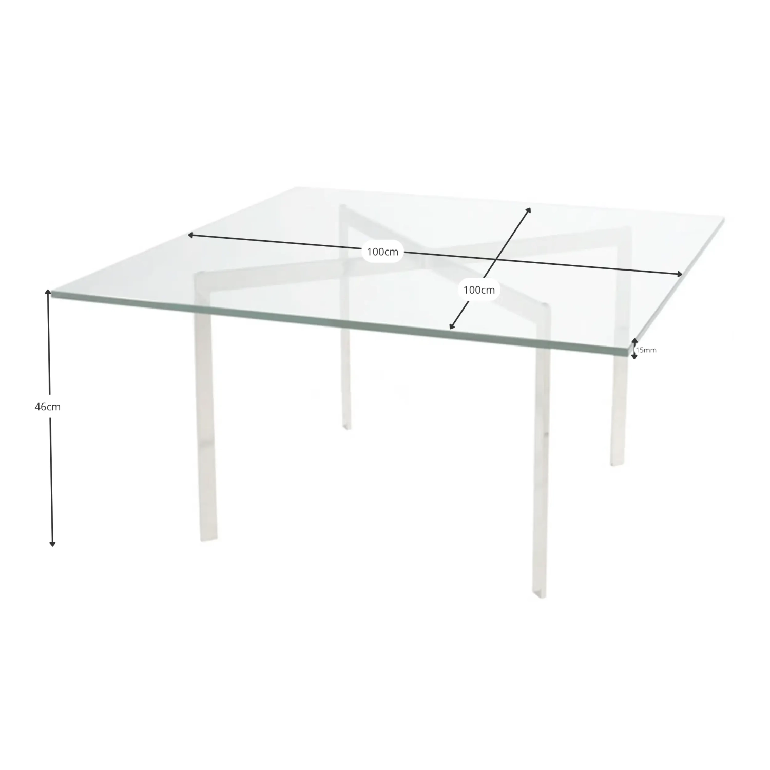 Mesa Mies Van Der Rohe 100x100cm : Vidro temperado e aço inoxidável