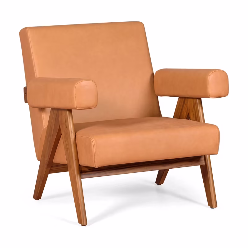 Chaise longue Confort Compass en bois de teck et cuir italien
