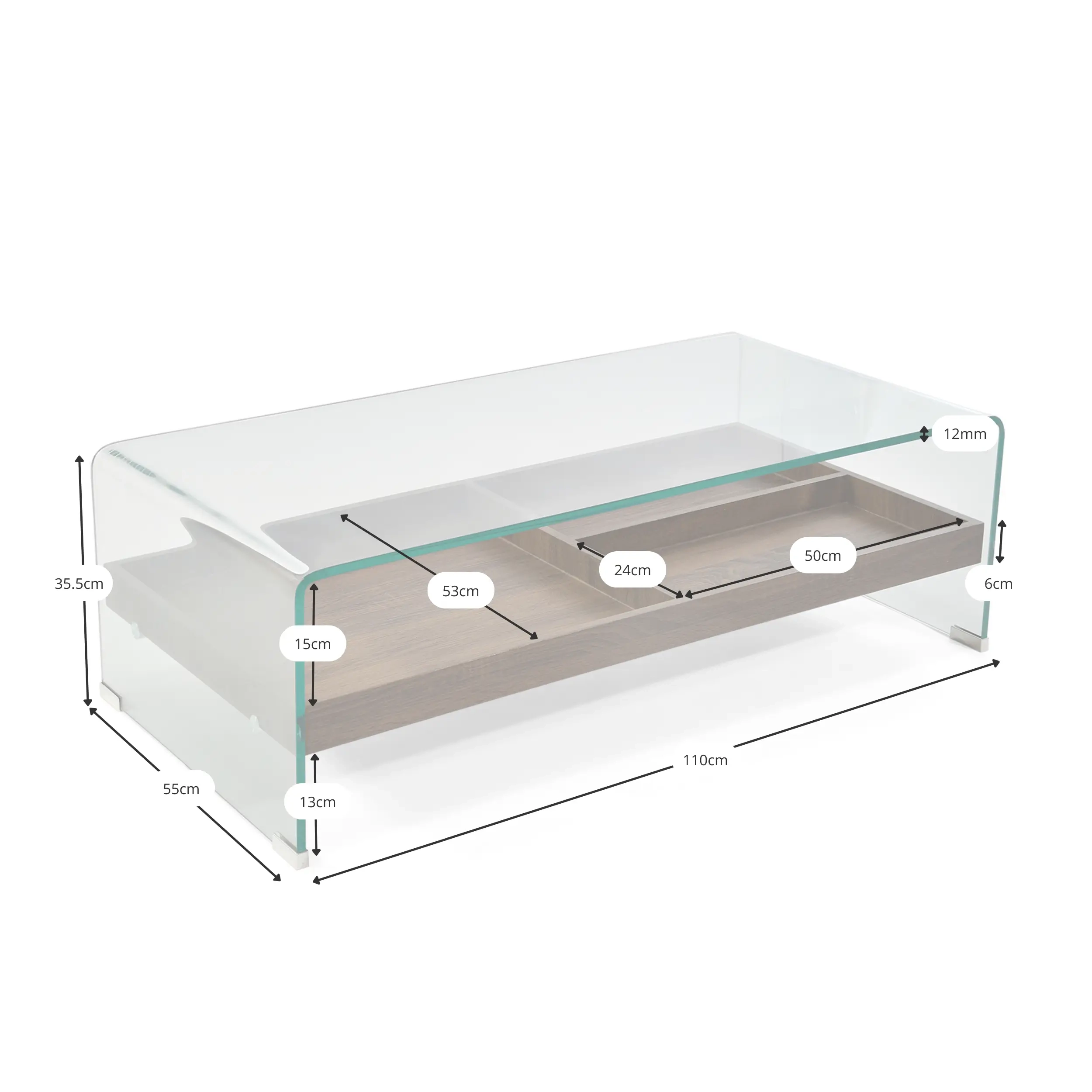 Salontafel Pot : Gehard glas met houten lade