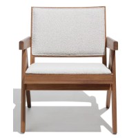 Chaise longue Compass avec accoudoirs en bois de teck et tissu bouclé