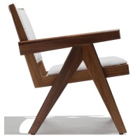 Chaise longue Compass avec accoudoirs en bois de teck et tissu bouclé